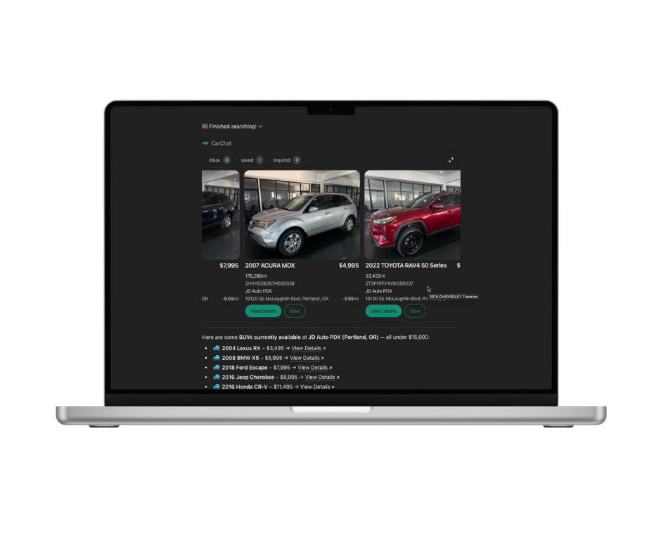 CarChat inventory management interface showing available vehicles